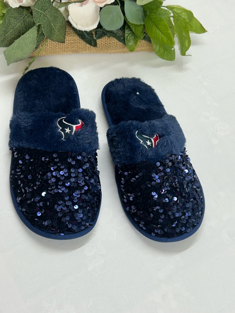 Houston Texans Navy Sequin Fuzzy Slide Slippers